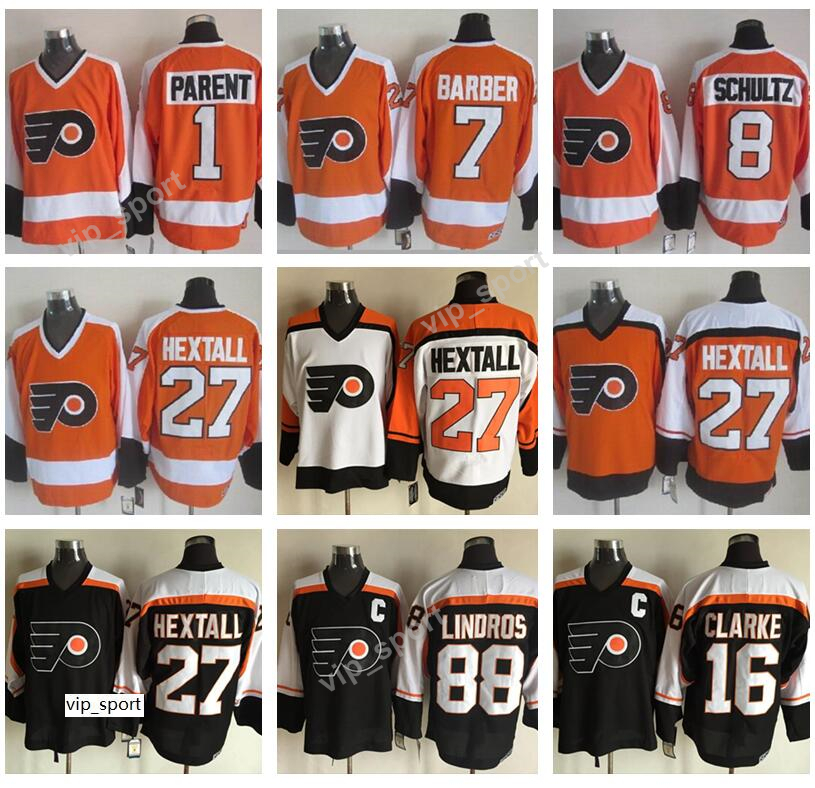 

Philadelphia Flyers 27 Ron Hextall Jersey 1 Bernie Parent 7 Bill Barber 8 Dave Schultz Retro Ice HOckey Jerseys Black White Orange, 27 black