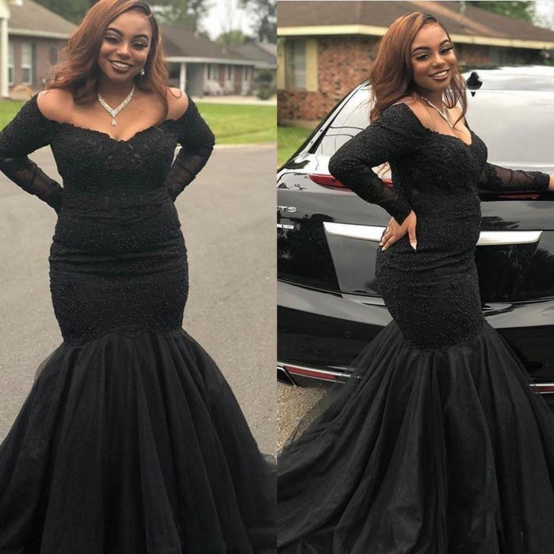 

Plus Size African Black Mermaid Prom Dresses Off Shoulder Long Sleeves Lace Sequins Evening Party Gowns Custom Made, Dark green