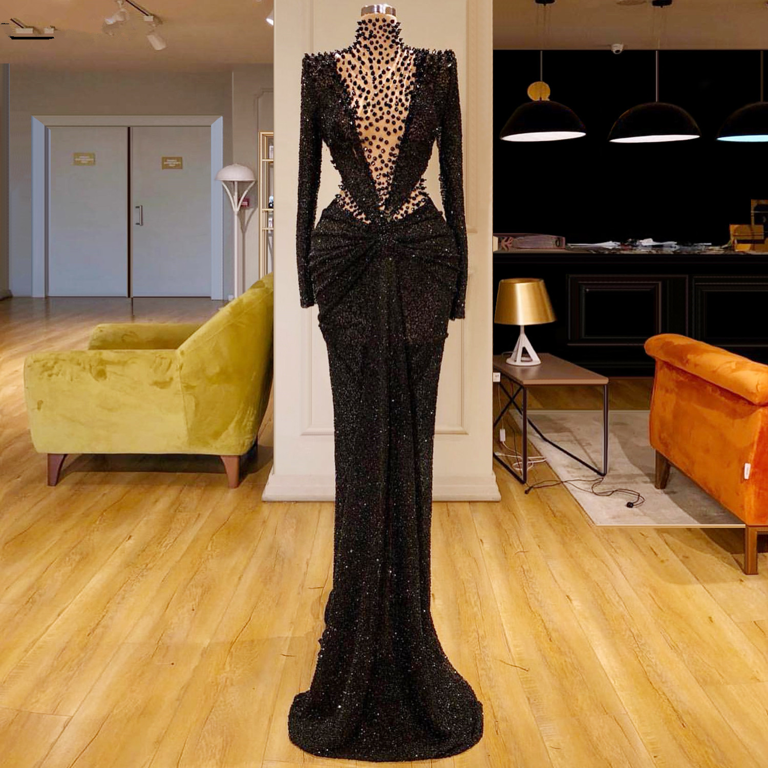 

High Fashion Black Formal Evening Dresses Mermaid Arabic High Collar Sexy Prom Party Gowns Ruched Sequins Vestidos, Yellow