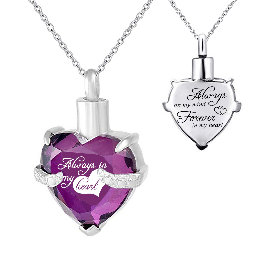 

Personalise Crystal Heart Memorial Jewelry Cremation Keepsake MemorialUrn Necklace Birthstone Pendant Stainless Steel Jewelry with Fill, Silver