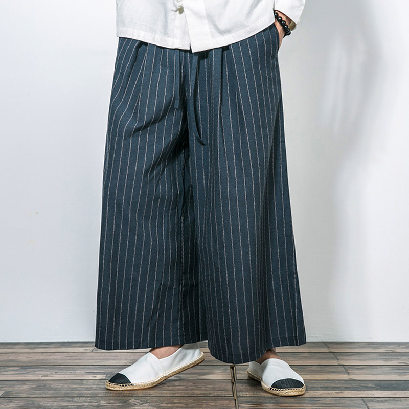 

New Men Wide Leg Pant Cotton Linen Comfortable Loose Casual Pants Loose Stripe Male Skirt Trousers, Blue