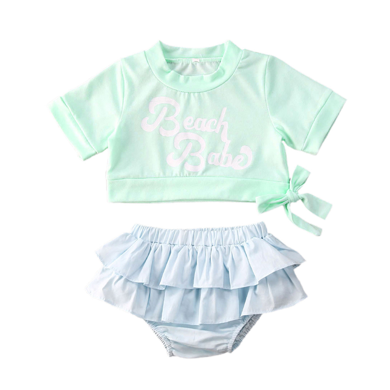 

2020 New Summer 2Pcs Set Baby Kids Girl Clothes arrival Cute Short Sleeve Letter T Shirt Solid Ruffle Shorts Outfits Set, As pic