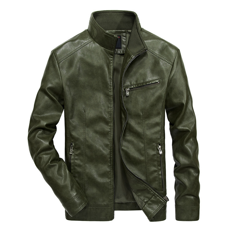 

PU Jacket Boy Autumn Winter Green Motorcycle Jacket Oversize Man Faux Leather Stand Collar Casual Long Sleeve Coat, Thin-black