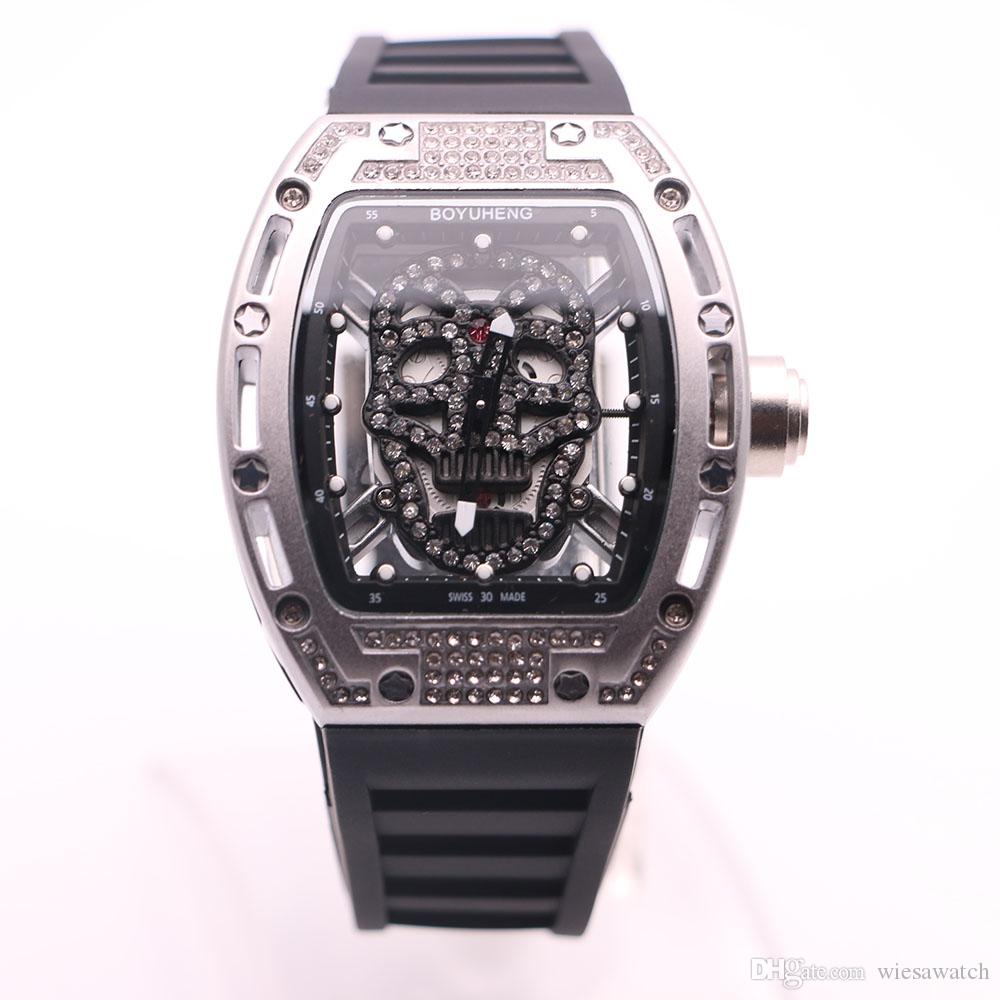 

Personality BOYUHENG Quartz Baterry 43MM Diamond Hollow Skull Skeleton Dial Mens Watches Transparent Back Tonneau Hardlex Watch Wristwatches