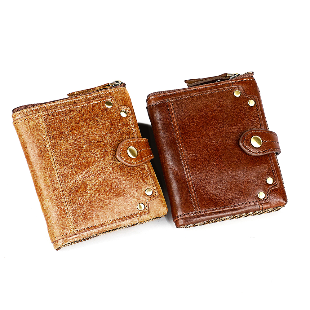 

RFID Blocking Genuine Leather Short Fold Over Wallet Women Men Anti-theft Brush Card Holder Zip Purses Banknote Pocket Cowhide Wallets Gift, 2 colors for choice
