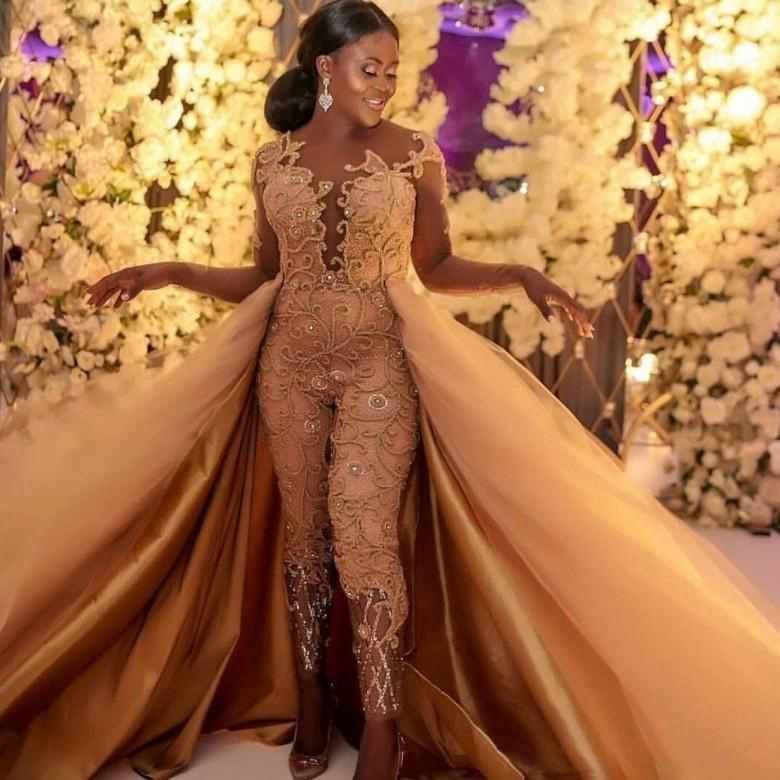 

2020 Classic Jumpsuits Long Sleeves Prom Dresses With Detachable Train Lace Appliqu Evening Gowns Luxury African Party Women's Pant Suits, Daffodil