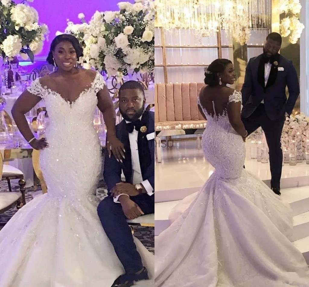 

Sparkly African Mermaid Wedding Dresses Sheer Neck Illusion Bodice Appliques Beads Crystal Country Bridal Gowns vestidos de novia Plus Size, Silver