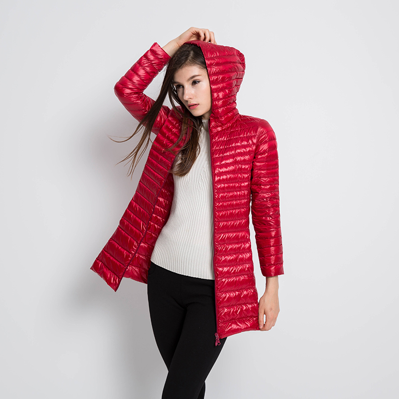 

New Autumn Winter Casual Slim Long Down Coat Women Ultra Light 90% White Duck Down Jacket Windproof Hooded Outwears Female Mw536, Black