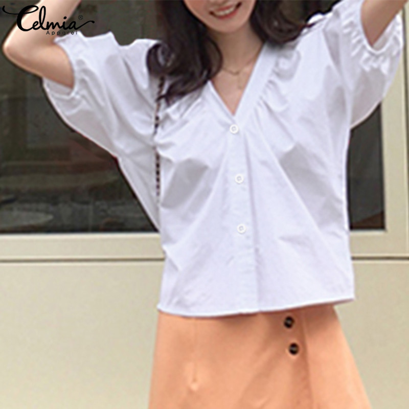 

Celmia Plus Size Women Puff Sleeve Shirt Top Fashion Pleated White Blouses Sexy V Neck Ladies Casual Loose Solid Party Blusas