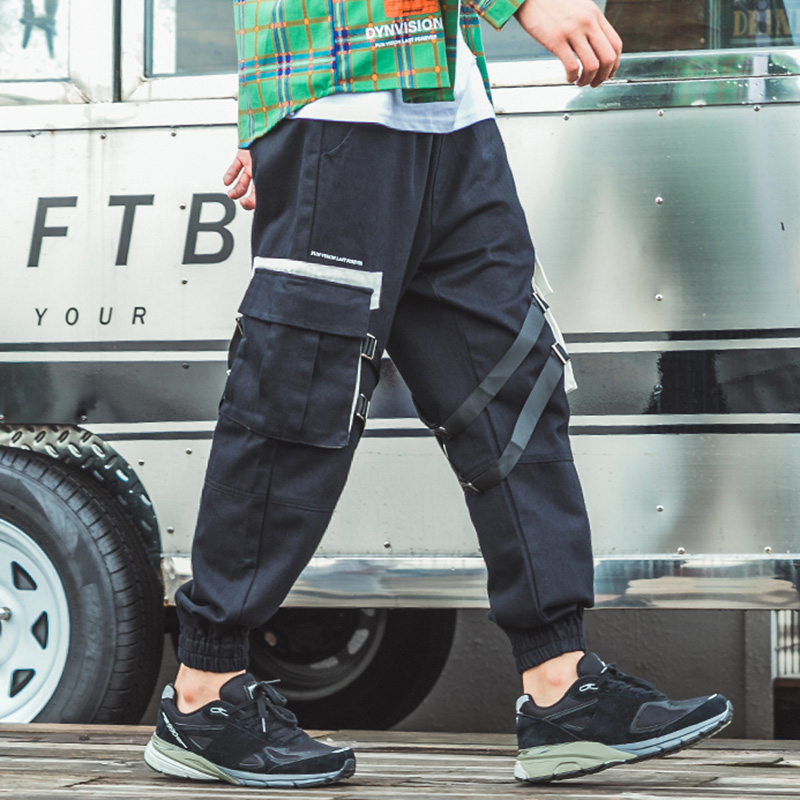 

Januarysnow Harajuku Hip Hip Cargo Pants Streetwear Mens Harem Pants Joggers Ribbon Big Pockets Tactical Pants Cotton Trousers Casual, Black