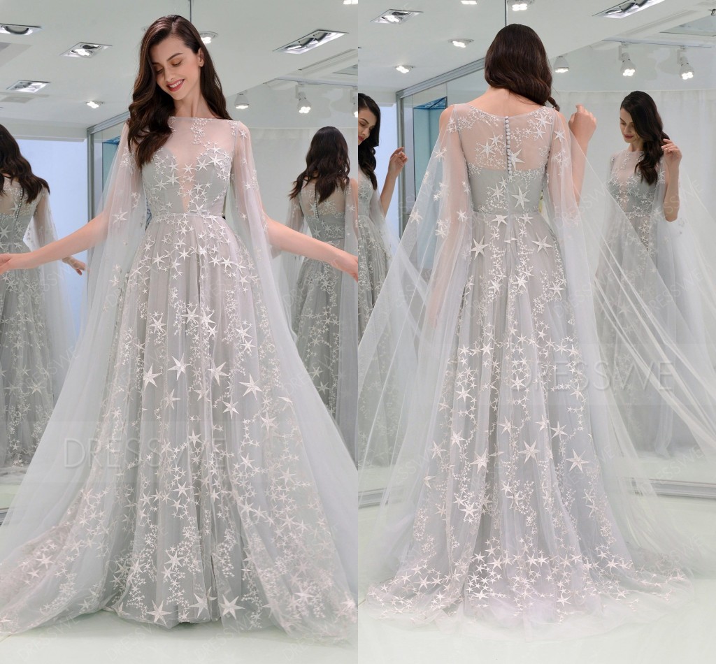 

2020 Light Gray A-line Prom Evening Dresses Long Sleeves Bateau Stars Party Dress Lace Tulle Formal Pageant Gown LFF2205, Same as picture
