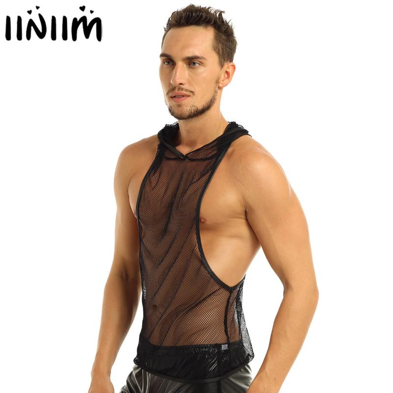 

iiniim Mens Lingerie Clubwear Fishnet See-through Hooded Vest Tank Top Breathable Wetlook Undershirt for Evening Party Clubwear, As pic