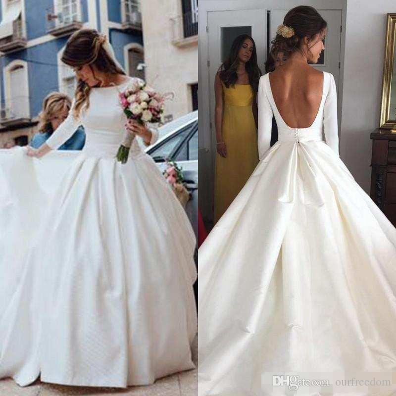 

Simple Cheap White Wedding Dresses 2019 Crew Neck Backless Long Sleeve A Line Satin Country Garden Bridal Gown Custom Made