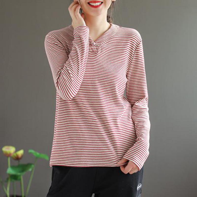 

Johnature Spring New V-neck Plate Buckle Stripe Long Sleeve Bottoming T-shirt 2020 Simple Leisure All-match 5 Color Women Tops, Black