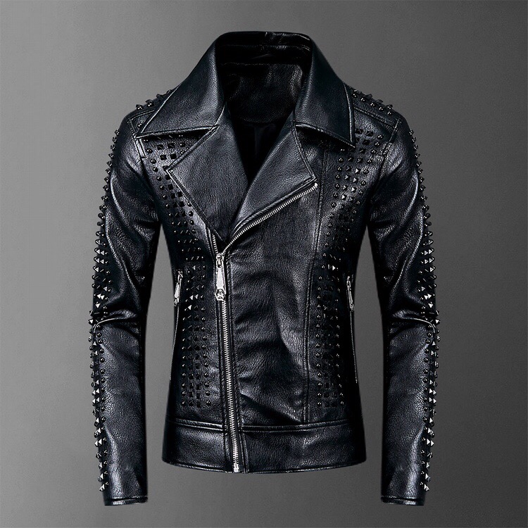 

Fashion Autumn Male Leather Jacket Flame diamond Black Mens Stand Collar Coats Leather Biker Jackets Motorcycle Leather Jacket