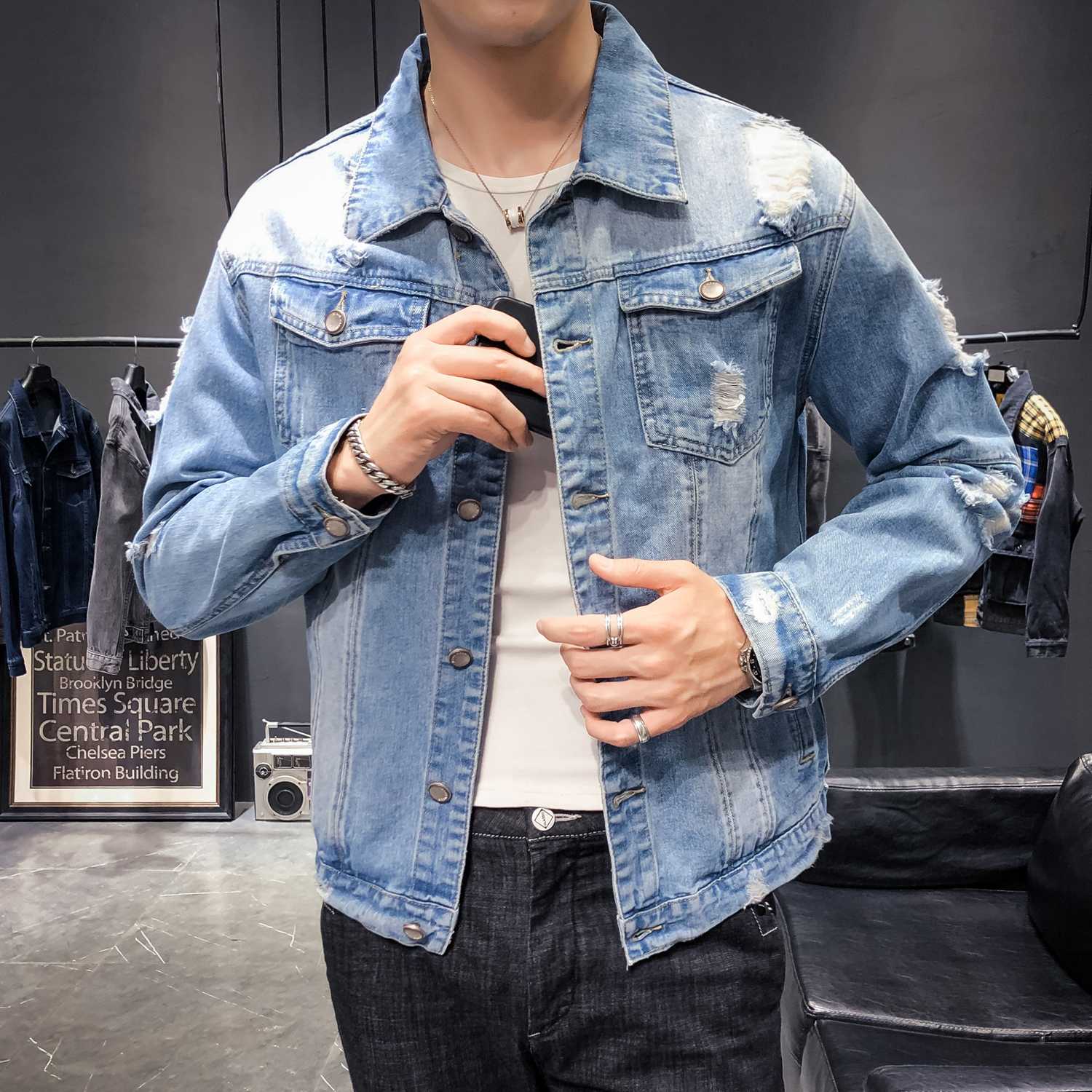 

Denim jacket male 2019 new pocket jacket loose work, Blue