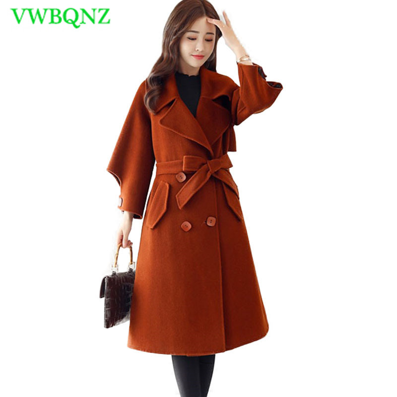 

Autumn Winter New Plus size Women' Woolen Jacket High quality Tie Wild Overcoat Elegant Women Loose Long Woolen coat 5XL A31, Creamy-white