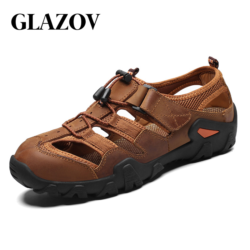

GLAZOV 2020 New Big Size Genuine Leather Cowhide Men Sandals Summer Quality Beach Slippers Casual Sneakers Outdoor Beach Shoes, Black