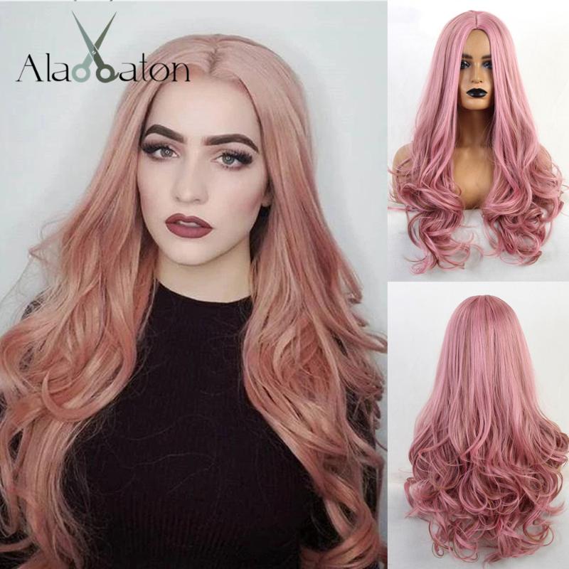 

ALAN EATON Long Mixed Pink Brown Wigs Synthetic Wavy Wigs for Black Women Afro Middle Part Cosplay Female Hair Heat Resistant, Lc194-1