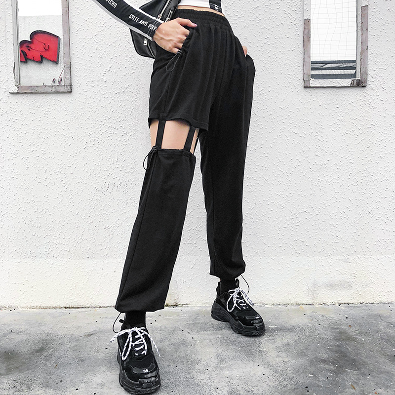 

Europe United States 2019 New Women Black Irregular Hollow Casual Pants Female Jazz Dance Hip-Hop Pants Street Trousers DWY1985