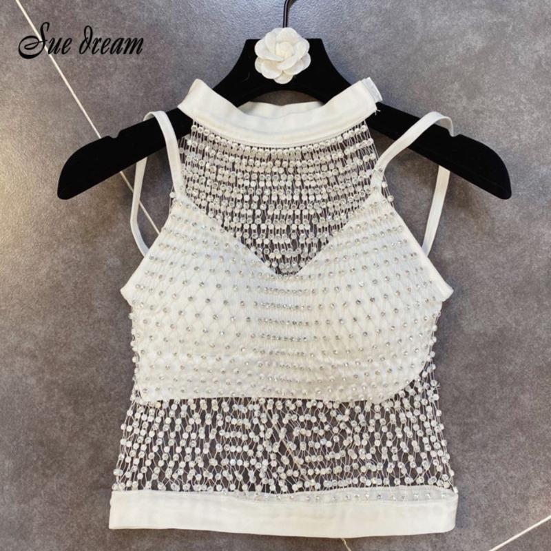 

2020 Summer New Women' Sexy Sleeveless Black White Diamond Rhinestone Mesh Tank Top Bodycon Celebrity Club Party Top