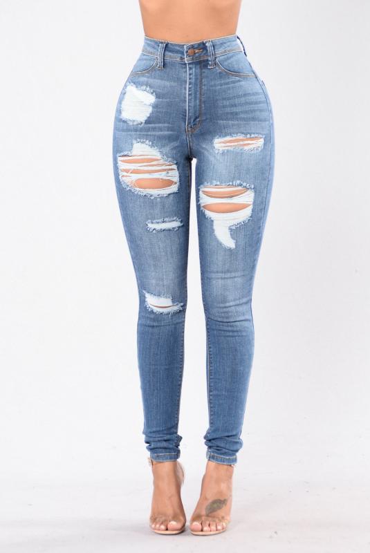 

Women`s Single Knee Ripped Elasticity Dark Blue High Waisted Skinny Denim Jean Pants Women Jeans Plus Size Womans Female