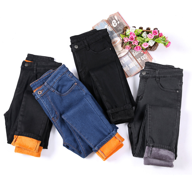 

Winter Fleece Velvet Pencil Jeans For Women Casual Pants High Elastic Waist Gold Fleeces Inside Warm Pants, Black