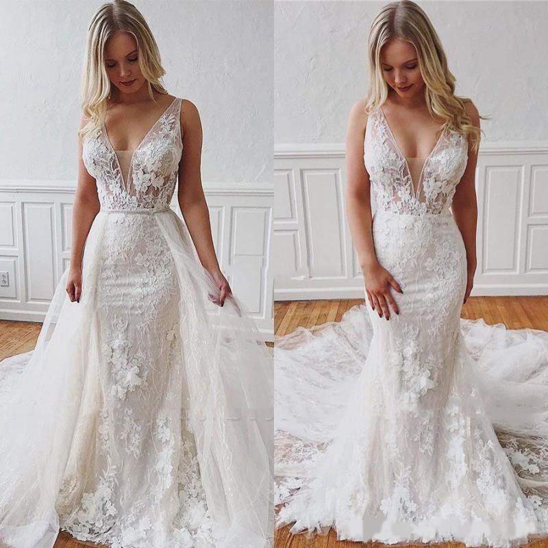 

Stylish Mermaid Lace Wedding Dresses 2020 With Detachable Train Lace Appliques Deep V-Neck See Though Mariage Gowns Vestidos, Ivory