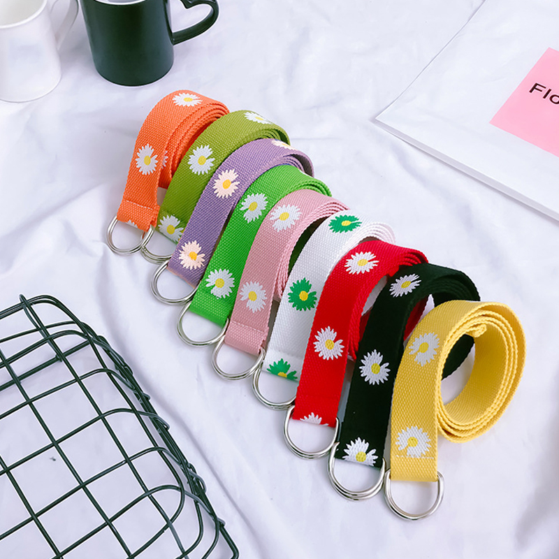 

Fashion Women Daisy Printed Belt Unisex Double D Ring Canvas Strap Female Long Belts For Jeans Belts For Women Men Canvas Belt, White