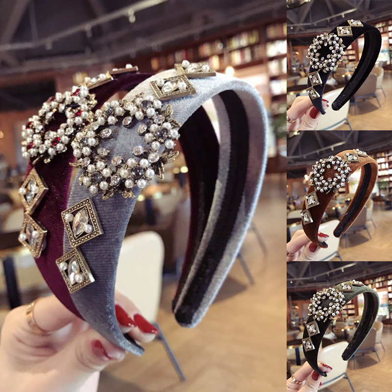 

Exquisite Girls Wide Pearl Beautiful Flower Retro Handmade 1PC Crown Zircon Korea Comfortable Wedding Headband 6 Colors Velvet