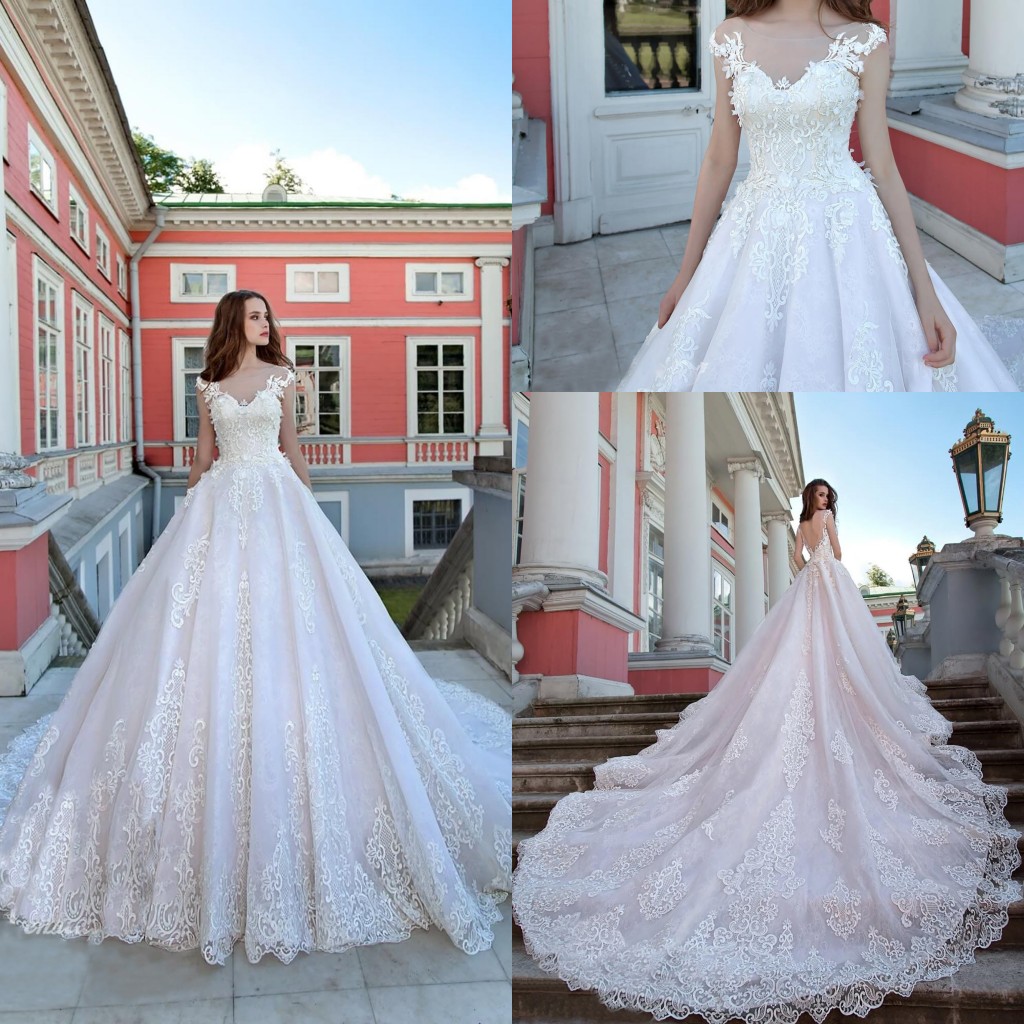 

Elegant Ball Gown Wedding Dresses Jewel Capped Sleeves Lace Appliques Castle Bridal Gowns 2020 Sexy Backless Sweep Train Wedding Dress, Pink