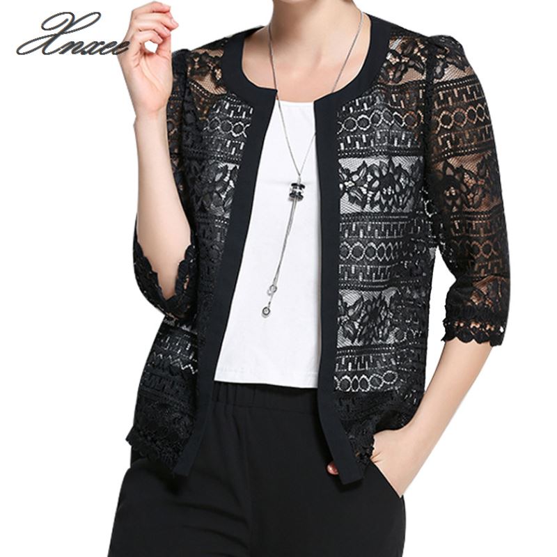 

Plus Size 5XL New Spring Summer 3/4 Sleeve Jacket Women Thin Lace Hollow Out Coat Sexy White Black Casual Jackets Tops