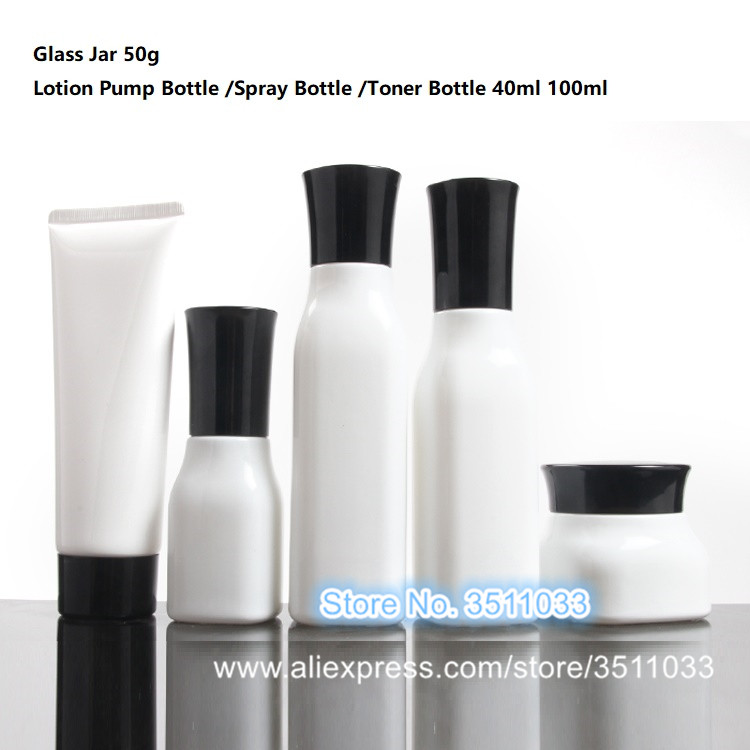 

40ml White Empty Graceful Glass Cosmetic Container DIY 100ml Toner Refillable Bottle Lotion Pump Bottle 50g Cream Jar Black Cap