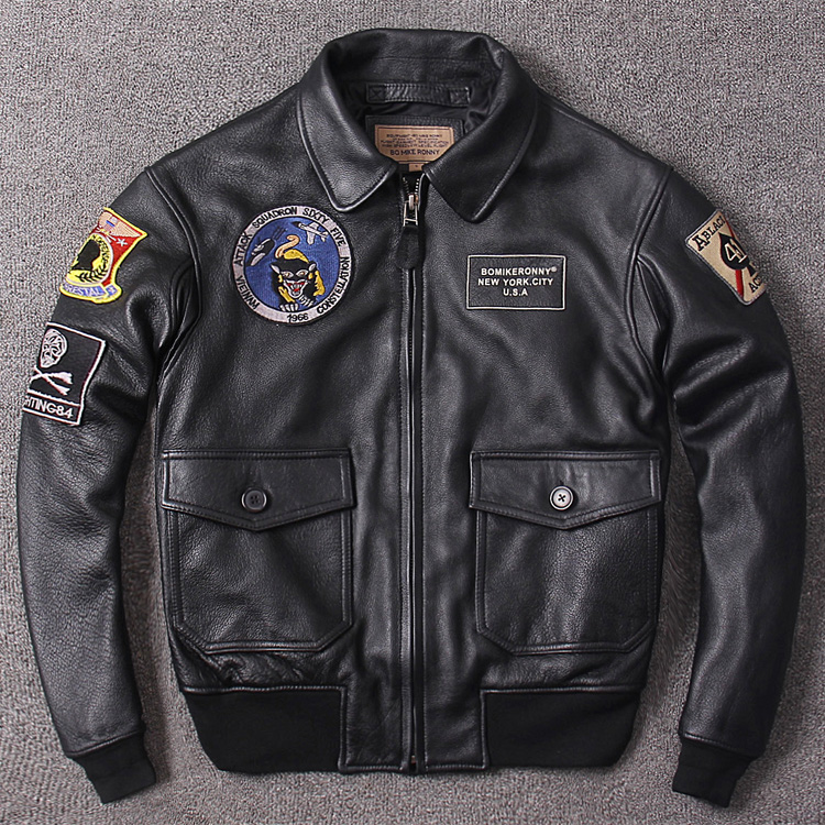 

CVA-59 black flight bomber jackets 100% cow genuine leather jackets with pockets lapel neck USA skull head sleeve