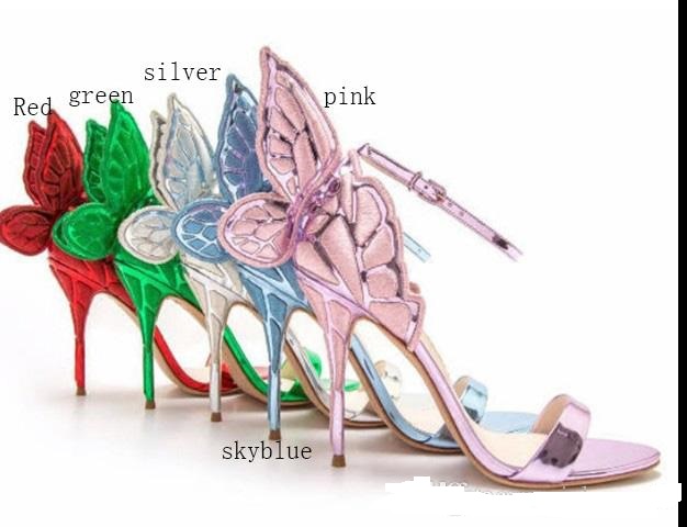 

Free shipping Ladies patent leather high heel sandals buckle Rose solid embroider 3D butterfly ornaments Sophia Webster peep-toe 6 colours, Red