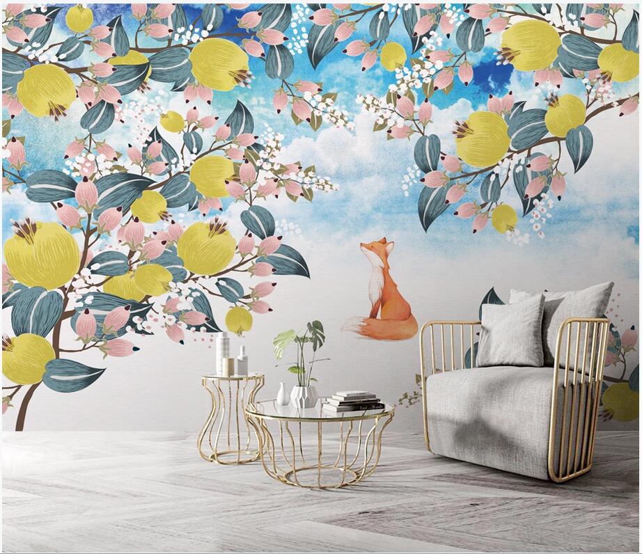 

3d wallpaper custom photo mural Hand painted fruit tree fox background wall paper mural home decor wall picture 3d stickers, Non-woven