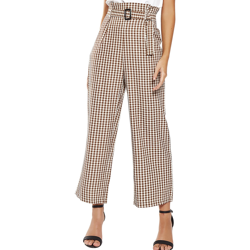 

Women High Waist Cotton Plaid Printed Wide Leg Pants Casual Loose Sashes Pleated Ankle Length Trousers, As pic