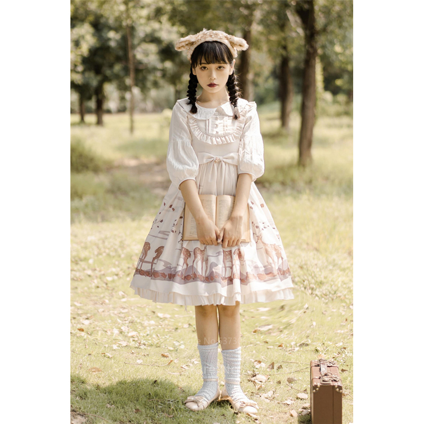Robe Lolita Style japonais Jsk Mori fille cerf imprimé arc à volants thé fête décontracté automne hiver Cosplay Costume pour les femmes
