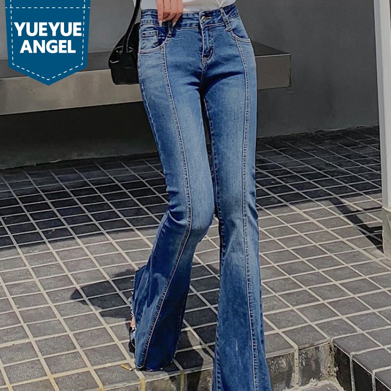 

Style Flare Jeans Women Spring New High Waist Vintage Slim Bell-Bottom Pants Streetwear Split Zipper Denim Trousers Female, As picture