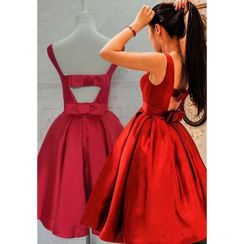 

Modest Cocktail Dresses Lovely Red Homecoming Dresses Short Party Gowns Bateau Neckline Sleeveless Satin Prom Dresses with Bow B53, Dark red