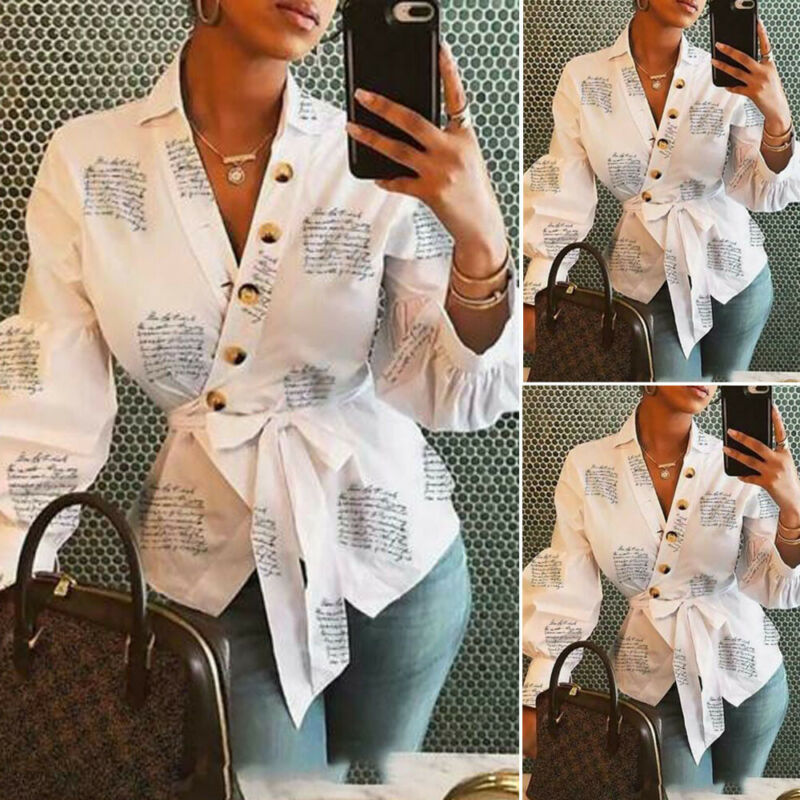 

Women's Casual Blouses Shirts V Neck Long Sleeve Classical English alphabet print Blouse Loose Tops Office Ladies Work Shirt, White