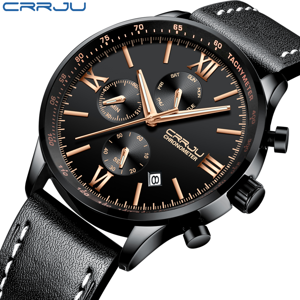 

CRRJU Men's Chronograph Leather Wristwatches Military Sports waterproof Clock Male Business Casual Fashion Dress Quartz Watches, Black