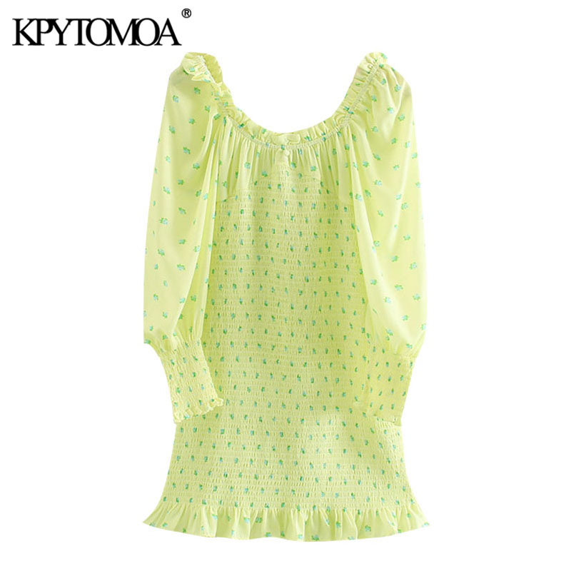

KPYTOMOA Women 2020 Chic Fashion Floral Print Smocked Ruffled Mini Dress Vintage Square Collar Long Sleeve Female Dresses Mujer, As picture