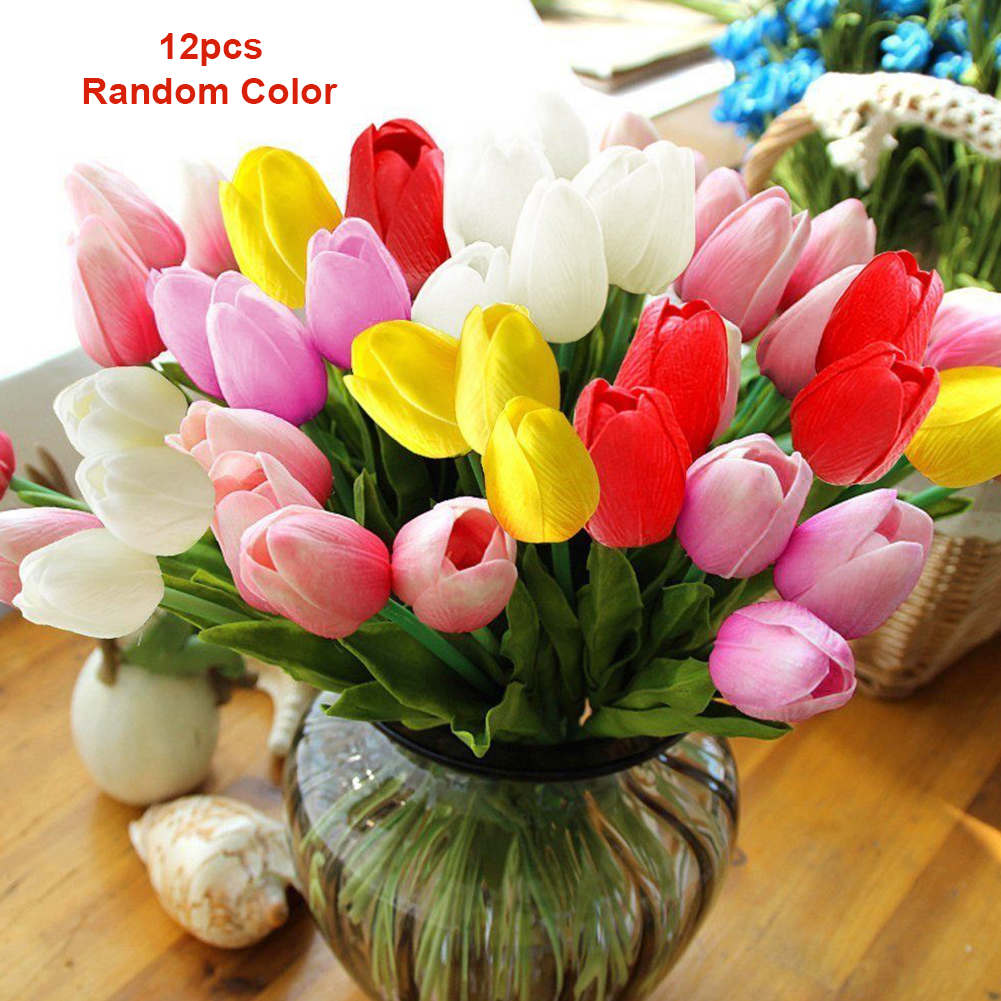 

12pcs Bouquets Wedding Fake Tulip Office Mini Gift PU Party Random Color Artificial Flower Real Touch Bridal, As pic