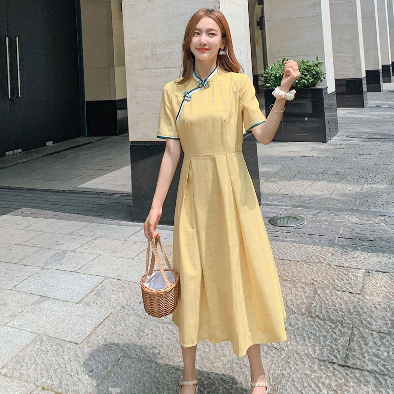 

Chinese Style Summer Maternity Long Dress Short Sleeve Mandarin Color High Waist Pregnant Women Cotton Linen Dress Plaid Dresses, Yellow