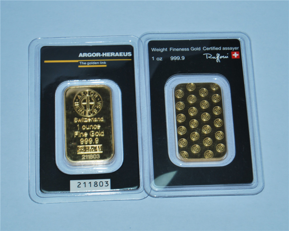 

999 fine gold plated Argor-Heraeus Swizerland 1 Troy Ounce plated bar high quality copy Sealed packaging with independent serial number