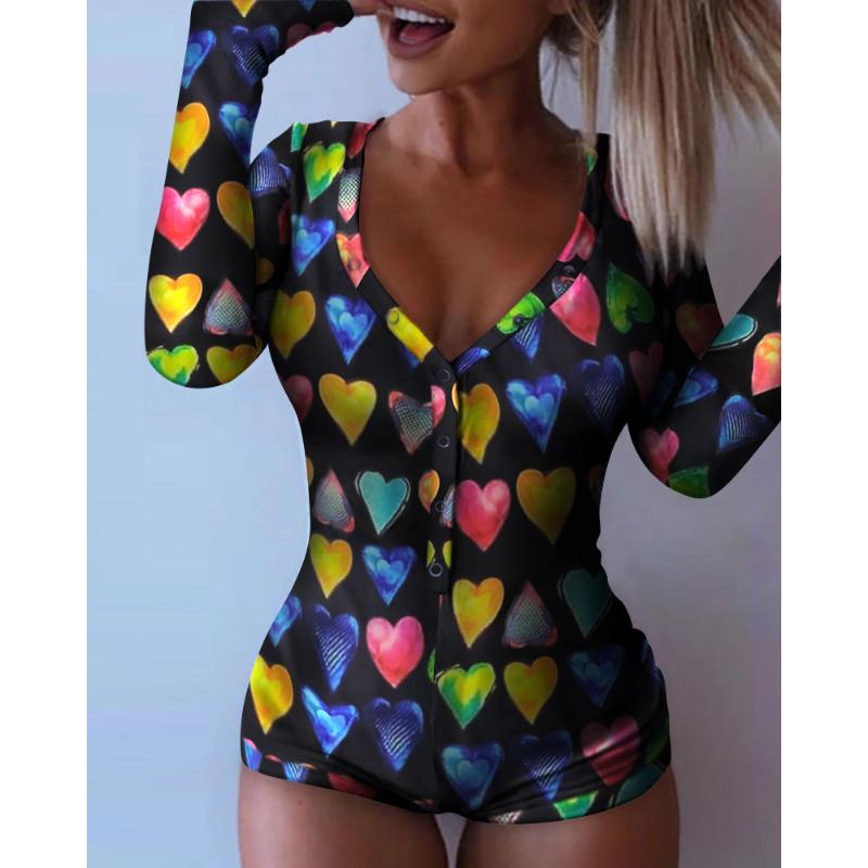 

STYLISH LADY Love Printed Playsuits 2020 Spring Summer Women Long Sleeve V Neck Casual Sleepwear Home Clothing Short Jumpsuits, Black