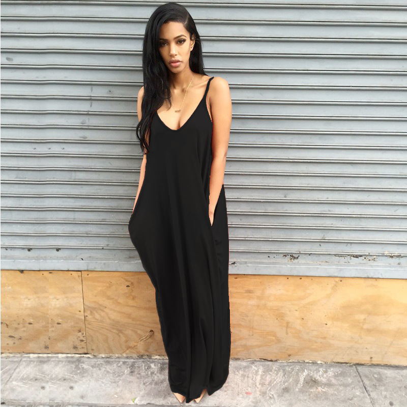 

Sexy Womens Maxi Dresses Female Spaghetti Strap Summer Deep V Neck Dresses with Pockets Solid Color Black Blue, Yellow