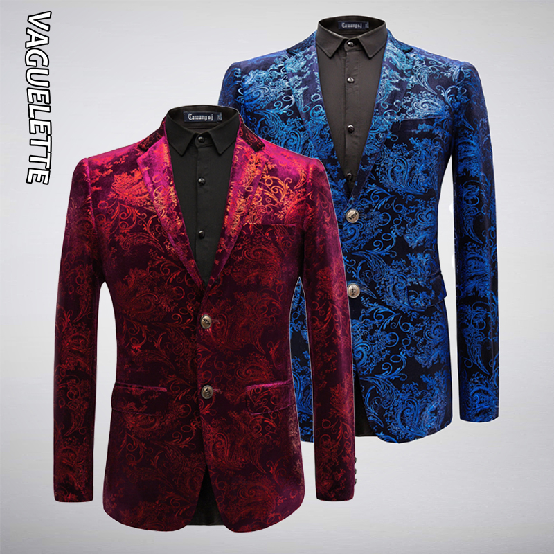 

VAGUELETTE Elegant Velvet Blazer Men Paisley Floral Wedding Stage Clothing For Men Blue/Red/Golden Print Dress Jacket -6XL