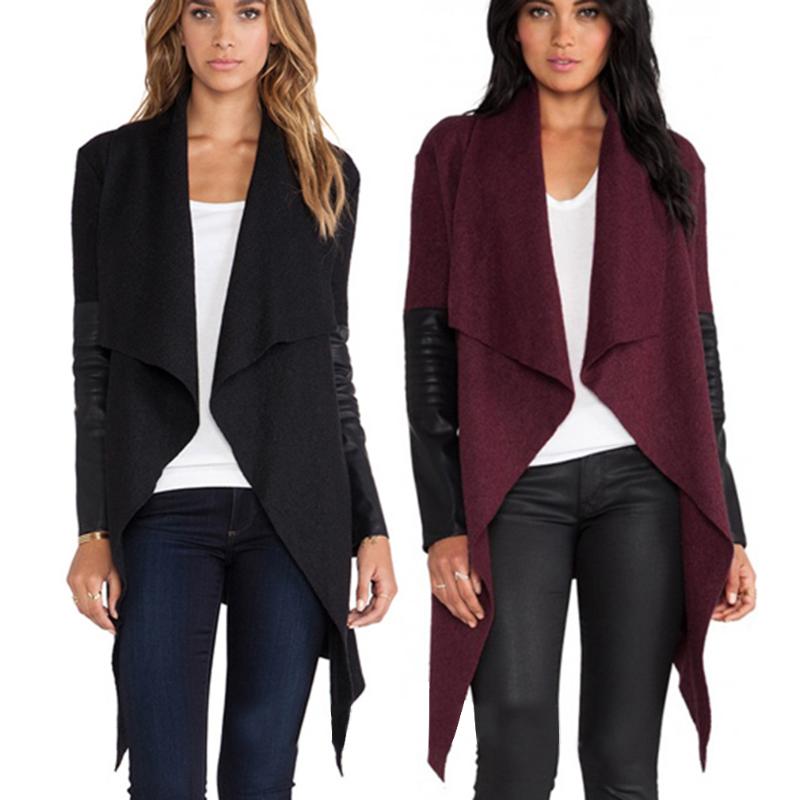

New Fashion Women Autumn Contrast Woollen PU Leather Long Sleeve Jacket Slim Belt Coat, Black